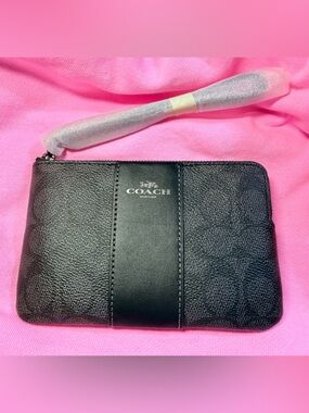 Coach Black Leather Signature Zip Pouch with Center Stripe